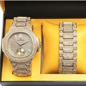 Gold Watch Diamond Bracelet Bust Down AP Watch Set